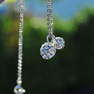 2-Crystal Balls Charms on Chain Choker Necklace Silver Lobster Clasp